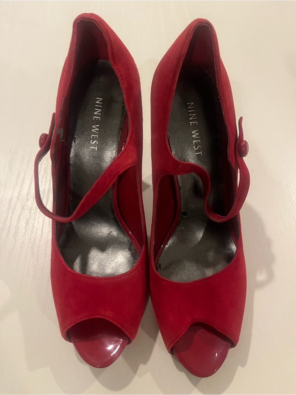Nine West Red Suede Peep-Toe Mary Jane Heels